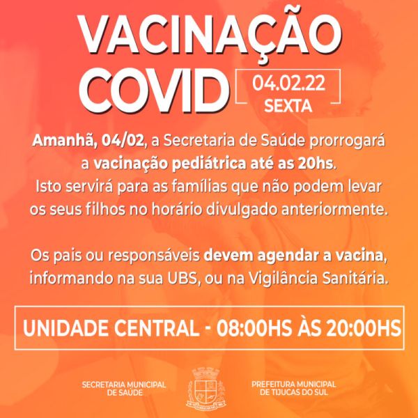 Hoje, vacinação de crianças em Tijucas do Sul, com horário estendido até as 20 horas