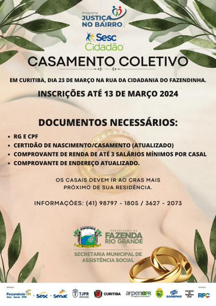 Casais de FRG podem participar de Casamento Coletivo gratuito