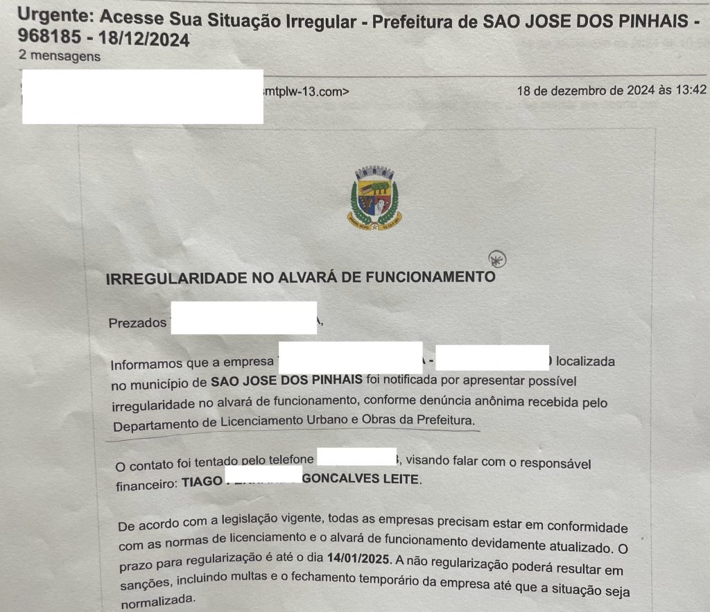 Prefeitura alerta sobre golpe por e-mail envolvendo falsa irregularidade no alvará de funcionamento